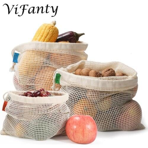 3 Pack Eco Friendly Reusable Produce Bags Net Zero Waste, Organic Cotton Mesh Produce Vegetable Bag Washable with Drawstring