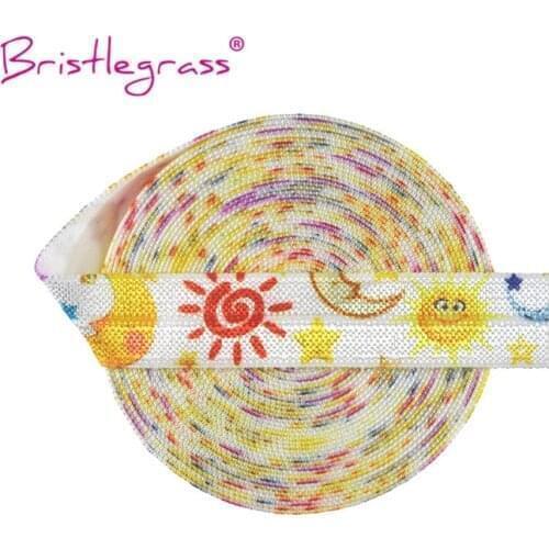 BRISTLEGRASS Wholesale 50 Yard 5/8" 15mm Sun Moon Star Print Fold Over Elastic FOE Spandex Satin Band Hair Tie Dress Sewing Trim