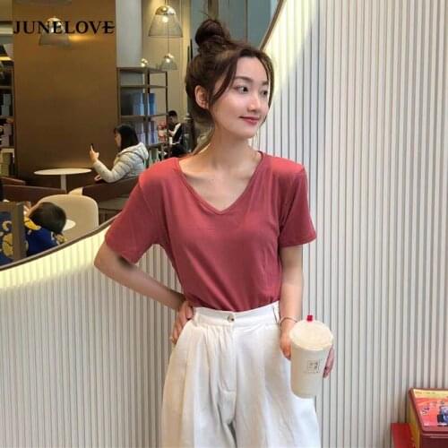 JuneLove New Summer Korean High Quality Solid Color Pure Cotton T-shirts Female Vintage Casual Tops Short Sleeve V-neck Slim Tee