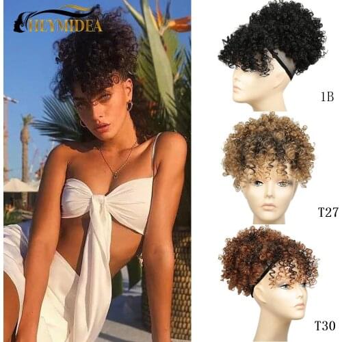 Short Kinky Curly Synthetic Hair Chignon With Bangs Bun Drawstring Ponytail Afro Puff Hair pieces For Women Hair Heymidea