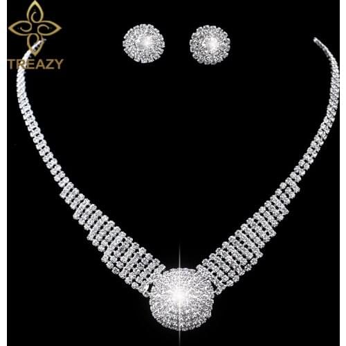 TREAZY Sparkling Silver Color Rhinestone Chunky Choker Necklace Earrings Jewelry Set Elegant Crystal Wedding Bridal Jewelry Sets