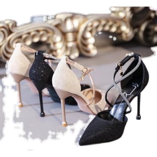 2021 new high heels sequined pointed stiletto womens singles one-word buckle banquet bridal shoes