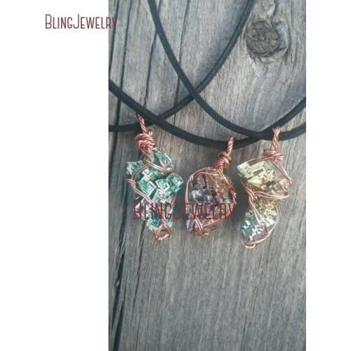 Rose Gold Wire Wrapped Rainbow Pure Bismuth Crystal Pendant Necklace Black Leather Necklace NM26426