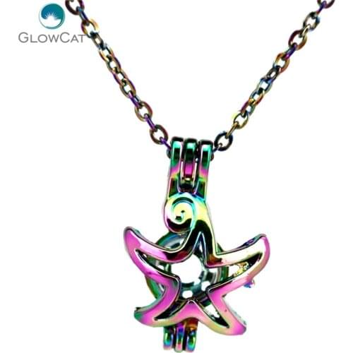 C58 COLORS Rainbow Multicolor Starfish Pearl Cage Pendant Locket Necklace Aroma Essential Oil Diffuser Locket Necklace