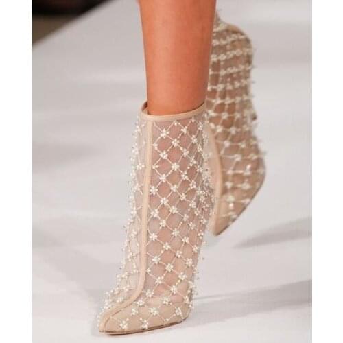 Luxury Brand Beige Mesh Leather Boots Women String Bead See Through Patchwork Banquet Shoes Thin Heels Pointed Toe Ankle Boots