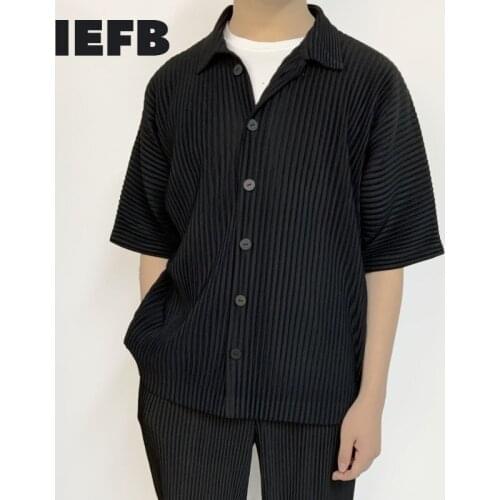 IEFB Pleated Mens Summer New Casual Solid Color Single Breasted Short Sleeve Shirts Off Shoulder Loose Oversized Tops 9Y6744