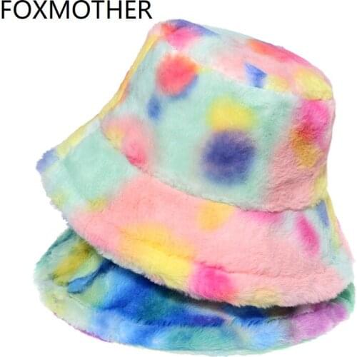FOXMOTHER Casquette Warm Plush Fisherman Caps Lady Fluffy Rainbow Multicolor Tie Dye Faux Fur Winter Bucket Hat For Women