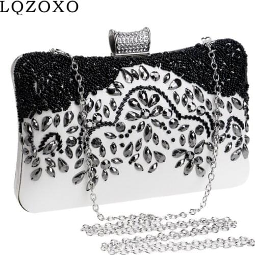 PU Fashion Women Bags Vintage Handmade Style Beading Party Clutch Wedding Evening Bags Black Color Diamonds Purse
