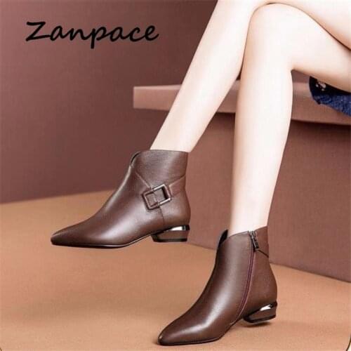 ZANPACE 2021 Fashion Women Boots Winter Zipper Retro Leather Shoes Pointed Toe Thick Heel Ankle Boots Plus Size High Heels Shoes