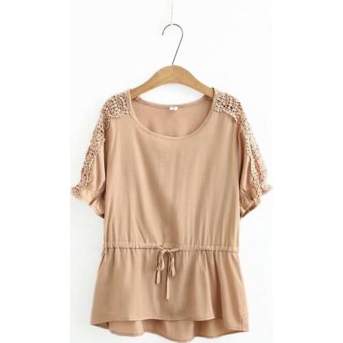 Plus Size Cotton&Lace Tops Womens Patchwork Summer t shirts Short Sleeve Oversized