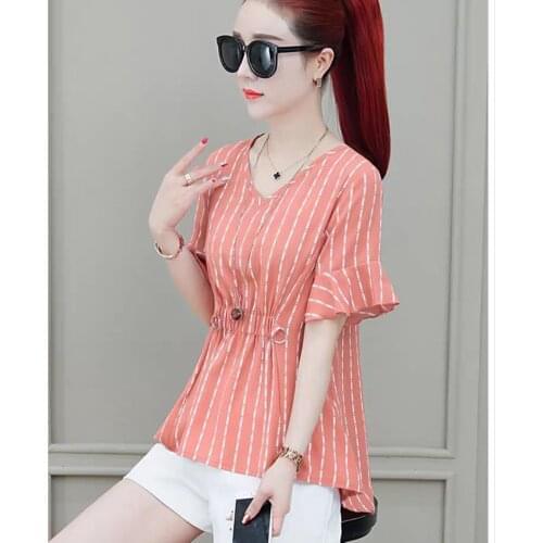 Women Spring Summer Style Chiffon Blusas Tops Lady Casual Short Flare Sleeve Striped Printed V-Neck Blusas Tops ZZ0305