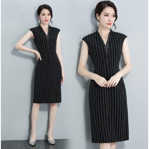 Office Dresses Ladies 2019 Blackshort Sleeve V Neck Striped Dress Midi Elegant Busines Dress For Women Office DD2095
