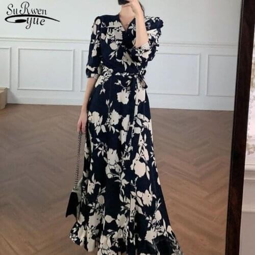 Retro Floral V-neck Lace-up Long Dress Women Korean Style A-type Short Sleeve V-neck Dress for Women Summer Chiffon Dress 13886