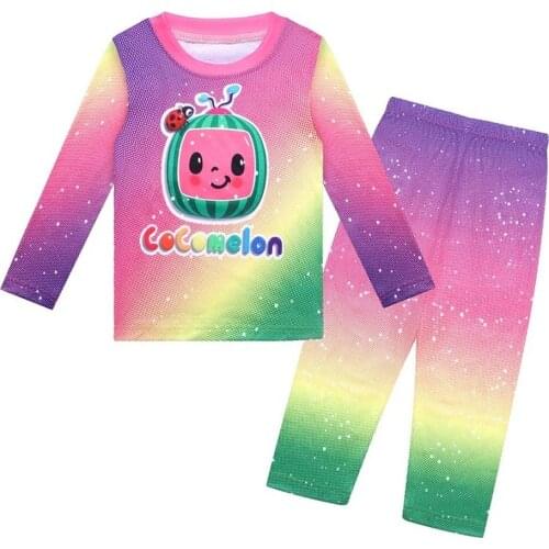 2pcs/set Kids Cocomelon Casual Tops Tee Pants Boys Girls Long Sleeve Tshirt Pants Coco Melon Children Colorful Clothes Suit