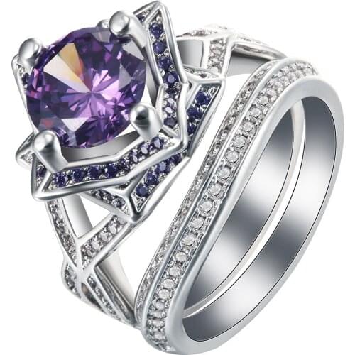 2pc ring sets romantic lovely flower vintage lady gift for women purple blue cz finger UFOORO wedding engagement jewelry