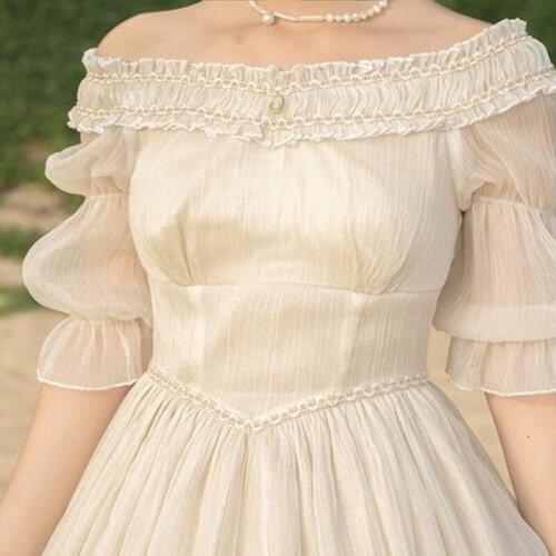 2021 Elegant Lolita Dress Women French Slash Neck Reflective Fairy Dress Simple Royal Ball Wedding Banquet Clothing Women Autumn