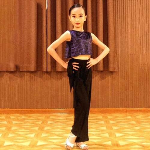 2021 Latin Dance Costume Purple Leopard Tops Black Latin Pants For Girls Practice Wear Children Cha Cha Dancing Clothes BL5605