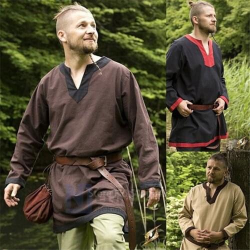 2020 Medieval Linen Larp Viking Pirate Halloween Cosplay Costumes for Men Carnival Party Warrior Shirt Knight Celtic Blouse Robe