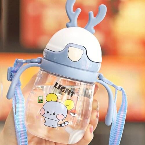 370ml Cute Baby Feeding Cup with Straw PP Free Portable Feeding Bottle Leak Proof with Handle Kids Training Baby Sippy Copos