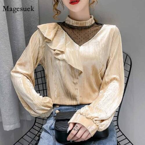 Elegant Lace Bottoming Ruffle V-shaped Mesh Stitching Blouse Women Autumn 2020 Long Sleeve Apricot Gold Velvet Shirt Top 12056