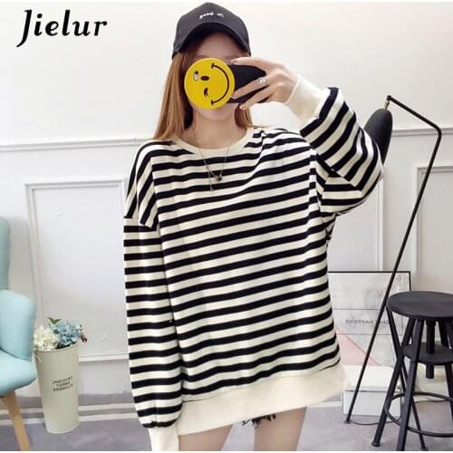 Jielur 2021 Autumn Striped Thin Sweatshirt Women Korean Loose Cute Hoody Patchwork Casual Hoodies Moletom Feminino M-XL