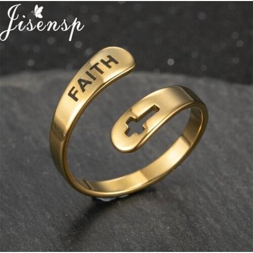 Jisensp Vintage Trend Cross Letter Faith Ring for Women Engagement Opening Adjustable Rings Stainless Steel Jewelry Gift Bijoux