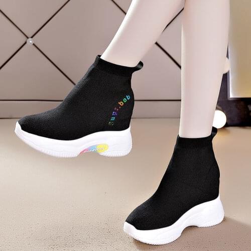 Socks Shoes Breathable High-top Women Shoes Flats Fashion Sneakers Stretch Fabric Casual Slip-On Ladies Shoes