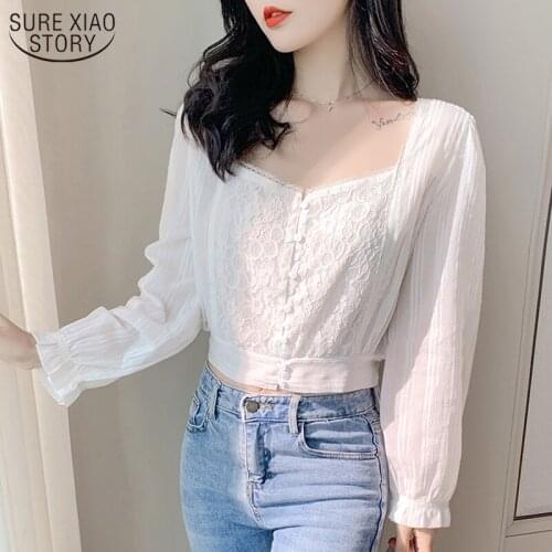 Lace White Shirt Stitching Woman Shirt 2021 Autumn Korean Tops Chiffon Blouse Women Long Sleeve Solid Office Lady Clothes 10848