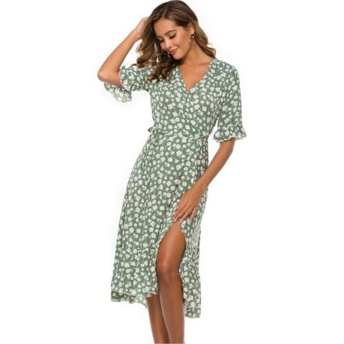 Summer Women Dress 2021 Casual Floral Print Ladies Sexy V-Neck Split One-piece Long Dress