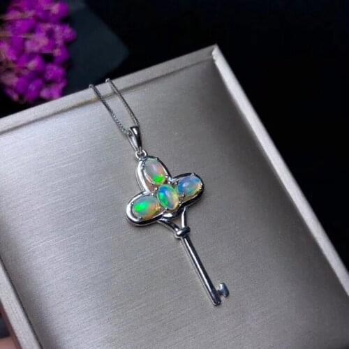 Fashion natural opal gemstone necklace for women jewelry key style pendant natural gem real 925 silver girl birthday gift