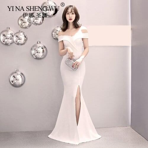 Mermaid Dress New Simple Sexy Side Split Boat Collar Strapless Robes Formal Banquet Dress Abiti Da Cerimonia Da Se