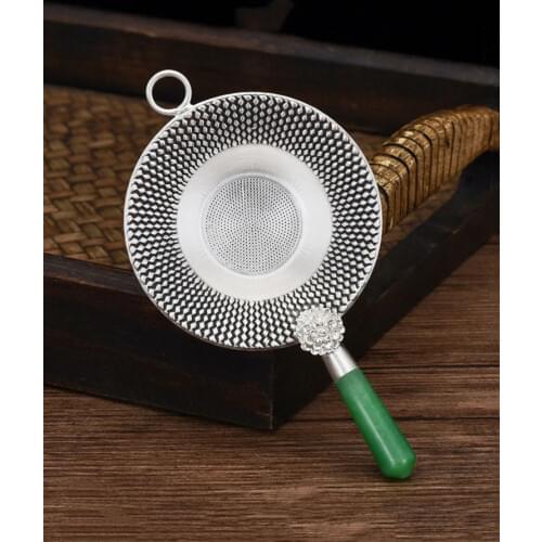 White Jade Sterling Silver 999 Tea Mesh Leak Handle Infuser Heat Insulation Filter Jasper Kungfu Teaset Net Tea Strainer Gifts