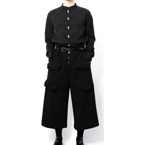 Style Yamamoto mens casual pants wide leg trousers skirt pants bell bottoms multi-pocket dark black loose and simple