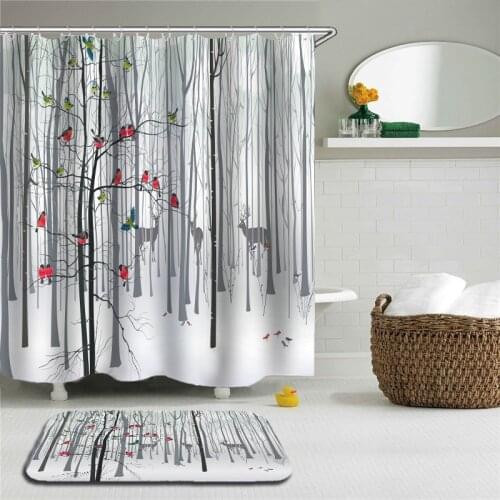 3D Colorful Trees Shower Curtains Set Bathroom Waterproof Polyester With Rectangle Non-slip Floor Mat Bath Curtain Set