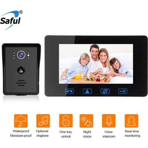 Saful 7 Inch LCD Wired Video Door Intercom Waterproof Push Door Camera Night Vision Button Electric Lock-control Function