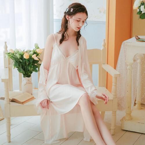 Luxury Robe Gown Set Two Pieces Autumn Sleepwear Women Home Wear Peignoir Set Bathrobe Kimono Sexy Lace Nightdress