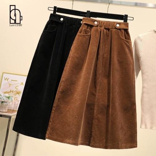 Luck A Women Corduroy Skirt Autumn Winter Vintage Harajuku Loose A-line Female Long Skirt High Waist Lady Skirt