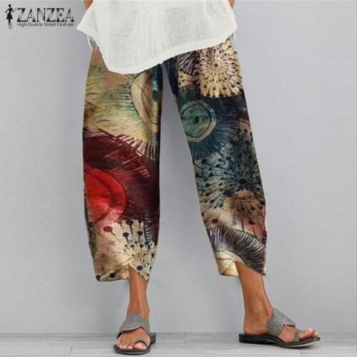 2021 Summer Elastic Waist Turnip Trousers ZANZEA Women Harem Pants Vintage Printed Cotton Long Cropped Pantalon Female Plus Size