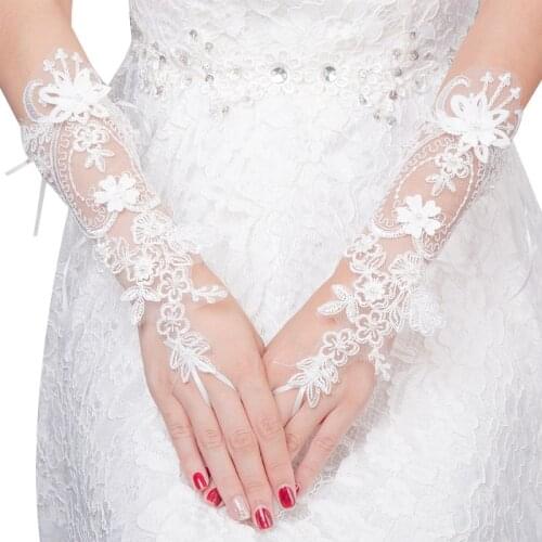 Women Wedding Short Fingerless Gloves Embroidery Lace Imitation Pearl Flower Applique Ribbon Bowknot Bridal Mittens