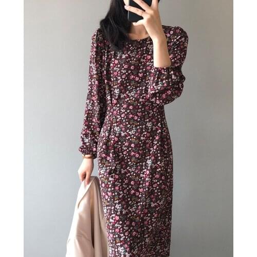 2021 Spring New French Style Retro Elegant Floral Print Long Sleeve Waist-Controlled Lace-up Long Dress for Women