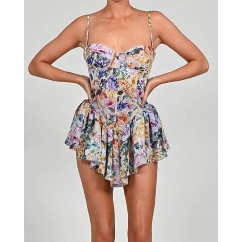 Beach Style Floral Print Casual Slim Women Sexy Spaghetti Strap Mini Dress Ruffles Harajuku Korean Summer Femme Vestidos HB8490