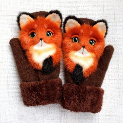 Winter Gloves Cartoon Animal Gloves Christmas Gifts Kids Rabbit Fur Knit Mittens Winter Plus Velvet Thicken Cute Running Gloves