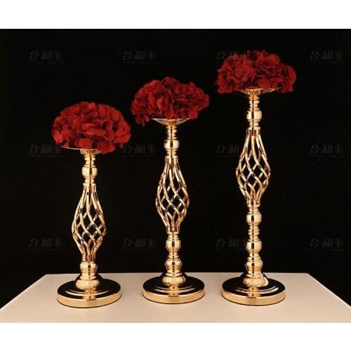 Gold Flowers Vases Candle Holders Road Lead Table Centerpiece Metal Stand Pillar Candlestick For Wedding Party Candelabra