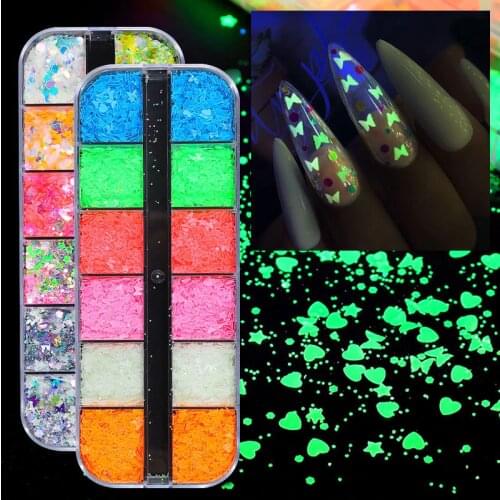 1 Box Luminous Butterfly Sequins Fluorescent Glow in The Dark Thin Heart Star Nail Art Glitter Flakes Tips Decor