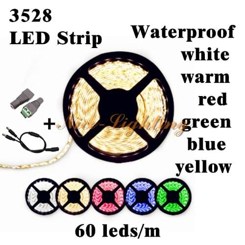 10meter/lot SMD 3528 Flexible Waterproof Light Stripe, DC12V 60LEDs/M LED Strip + 2pcs DC Adapter + 1pcs 1 to 2 Power Splitter