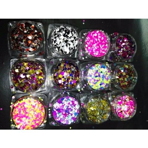 12 boxes/ lot 1mm 2mm 3mm Mixed Mini Round Thin Nail Art Glitter Paillette Nail Tip Bottle Gel Polish Decoration Manicure Tools