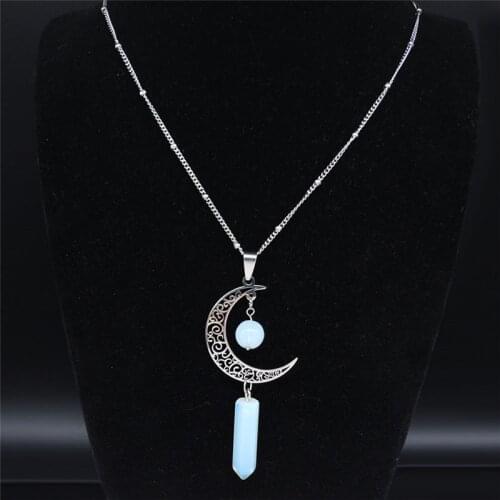 2021 Moon Stainless Steel Moonstone Stone Hexagonal Bullet Reiki Point Chakra Statement Necklace Women Jewelry collares N1130S04
