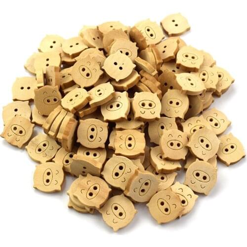 300PCS Wooden Color Cartoon Pig Button Wood Button Garment Accessory DIY Hand Decoration Buttons Decorative 2-Holes Buttons
