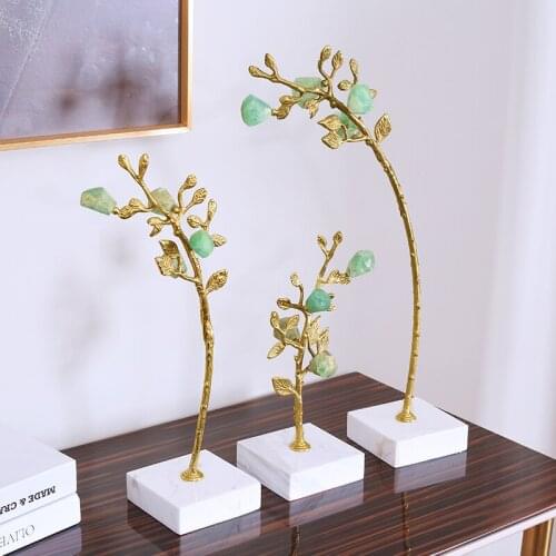 Home Decor Accessories Art Christmas Crafts Gifts Golden Brass Flower With Natural Green Crystal Spar Decorative Ornaments