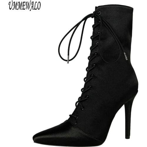 UMMEWALO Ankle Length Boots Women Fashion Pointed Toe High Heel Shoes Winter Ankle Boots Ladies Shoes 2362-63
